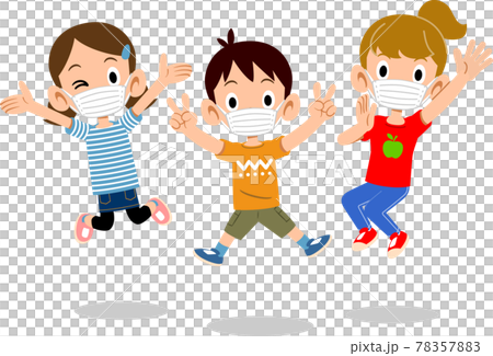 男女兒童戴口罩大力跳躍 78357883