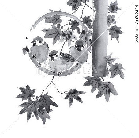 丸いオブジェにとまる雀と楓の葉 墨絵イラストのイラスト素材