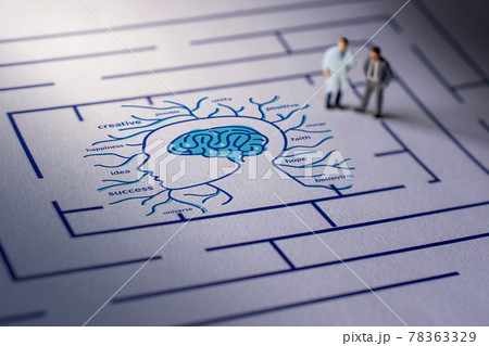 Mental Health Concept. Challenge for Therapist or Person to cure a Mind Disease. Psychological Complexity, Emotion, Memories, Perceptions, and Wishes of Human. Miniature on Maze 78363329