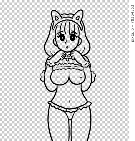 Illustration of an older sister who cosplayed as a cat in naughty lingerie Line drawing 78364553