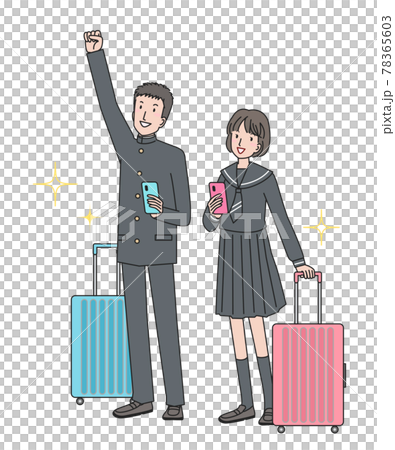 スーツケースを持つ学生服の男の子と女の子のイラスト素材