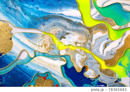 Marble blue, yellow and gold abstract background with gold gradient borders 78365683