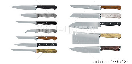 Kitchen knives. Realistic cooking tools. 3D sharp stainless steel daggers with wooden and marble handles. Isolated kitchenware set for food cutting. Vector types of cookers equipment 78367185