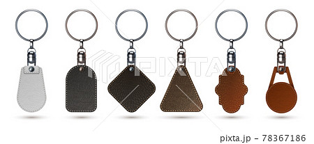 Key holder. Realistic keychain ring with faux calf leather tags. Isolated 3D premium fobs mockup. Steel breloques and labels from natural materials. Vector keyrings set for branding 78367186