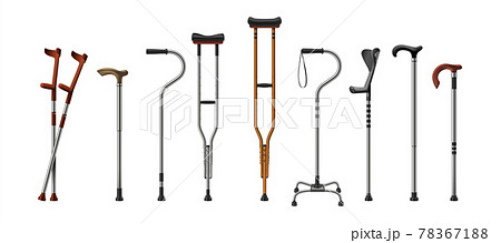 Realistic canes. 3D walking sticks and crutches. Medical supplies for old or injured persons. Equipment for recovery and rehabilitation after accident. Vector steel accessories set 78367188