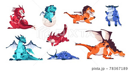 Baby dragon. Cartoon fairytale animals. Fictional dinosaurs in various poses. Mythological flying reptiles with wings. Funny monster hatches from egg. Vector cheerful magic creatures set 78367189