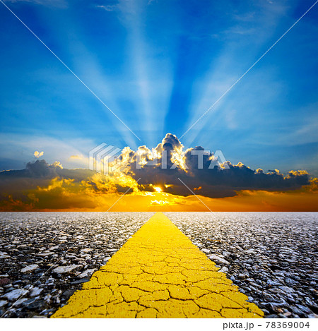 along the Road with Sunset Sky and sun rays background 78369004