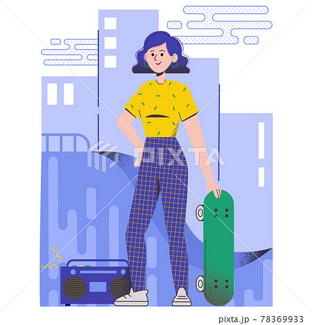 Cute girl with a skateboard. Flat vector textured illustration 78369933