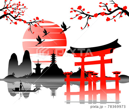 Japanese art with ancient design of Torii gate and the beautiful nature of Japan 78369973