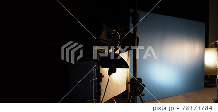 Studio light equipments for photo or film movie video. Light set for professional shooting and screen background. LED Flood light and Spot light for video production. Setup include Barn door softbox. Studio light equipments for photo or film movie video. Light set for professional shooting and screen background. LED Flood light and Spot light for video production. Setup include Barn door softbox. 78373784