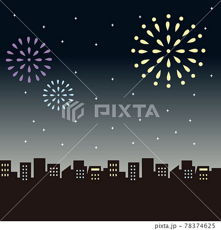 夏 祭り 花火 花火大会 夜景 シルエット シンプル 背景 壁紙 コピースペース イラスト素材のイラスト素材