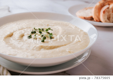 Closeup view of white bowl with mushroom cream soup - healthy food concept. Classic recipe. Selective focus 78375605