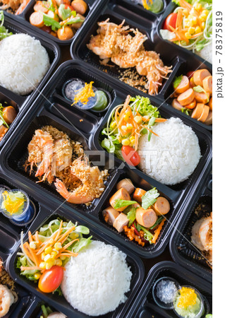 Modern Thai food lunch boxes in plastic packages. Modern Thai food lunch boxes in plastic packages. 78375819