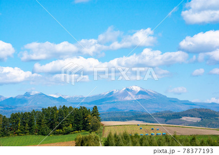 丘陵畑作地帯と初冠雪の山並み　大雪山 78377193