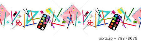 School elements seamless border, banner pattern design. Back to scholl concept design with compasses, colored crayons, erasers, scissors, paper clips, sharpener, ruler, notebook, watercolor School elements seamless border, banner pattern design. Back to scholl concept design with compasses, colored crayons, erasers, scissors, paper clips, sharpener, ruler, notebook, watercolor 78378079