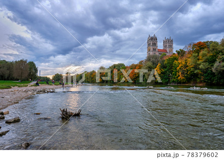 Isar river, park and St Maximilian church from Reichenbach Bridge. Munchen, Bavaria, Germany. 78379602