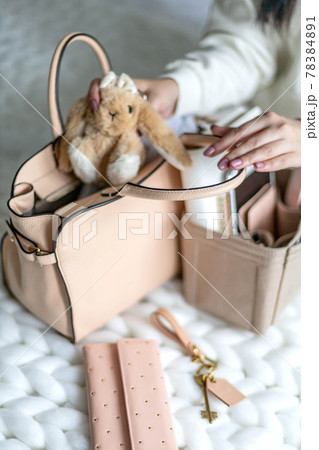 Closeup female hands putting business accessories into removable felt organizer for storage Closeup female hands putting business accessories into removable felt organizer for storage 78384891
