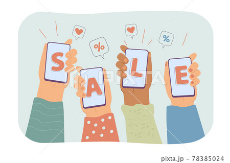 Human hands holding smartphones and showing sale 78385024