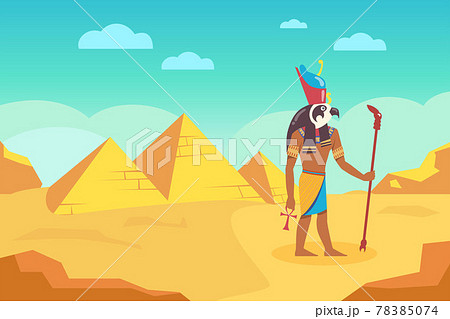 Egyptian God with walking stick surrounded by ancient pyramids 78385074