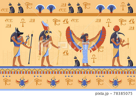 Egyptian deities on ancient bas relief with hieroglyphs 78385075
