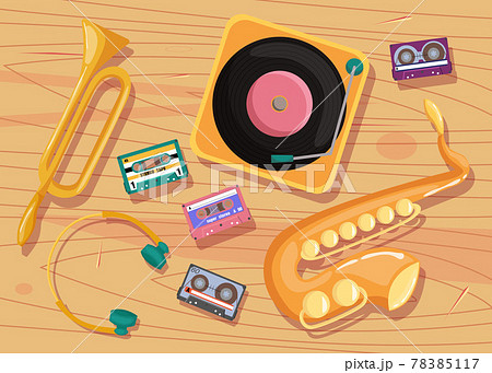 Cassette tapes, vinyl player and music instruments on table Cassette tapes, vinyl player and music instruments on table 78385117