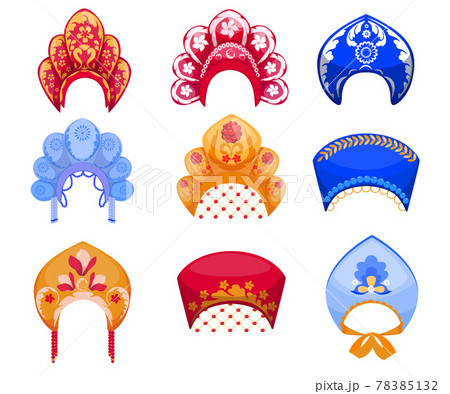 Cartoon set of kokoshniks, traditional Russian woman headdress Cartoon set of kokoshniks, traditional Russian woman headdress 78385132
