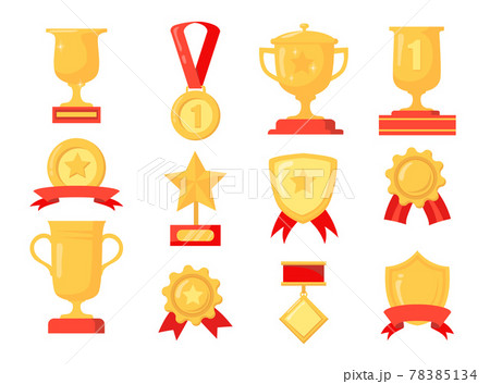 Cartoon set of different golden awards for winner 78385134