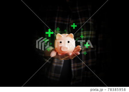 Piggy bank on woman's hand. Saving money concept. Piggy bank on woman's hand. Saving money concept. 78385958