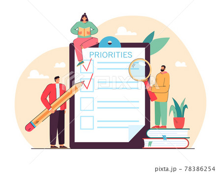 Tiny people doing priorities checklist flat vector illustration Tiny people doing priorities checklist flat vector illustration 78386254
