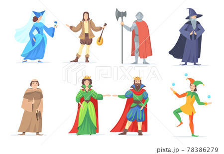 Set of medieval cartoon characters in historical costumes Set of medieval cartoon characters in historical costumes 78386279
