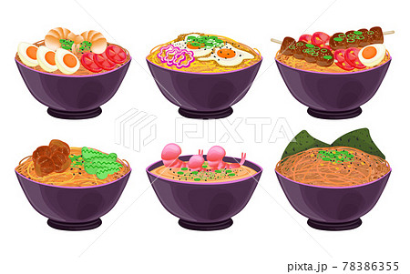Japanese noodles in bowls vector illustrations set 78386355