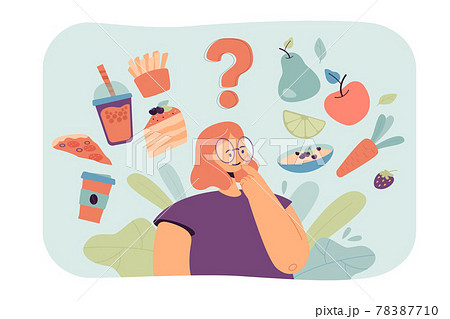 Woman thinking over healthy and unhealthy snacks choice 78387710