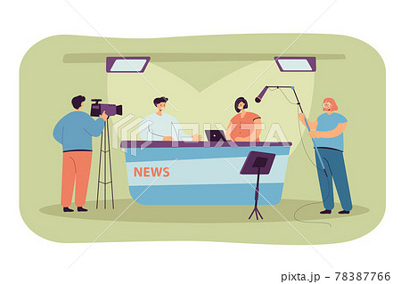 Two journalists sitting at desk on TV studio Two journalists sitting at desk on TV studio 78387766