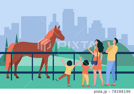 Family looking at horse in city park 78388196