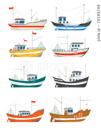 Collection of fishing boats vector illustrations 78388298