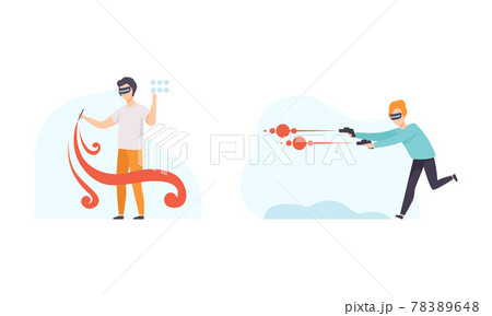People Using Virtual Reality Technologies Set, Male and Female Characters Painting and Shooting with Guns Wearing Vr Glasses Flat Vector Illustration People Using Virtual Reality Technologies Set, Male and Female Characters Painting and Shooting with Guns Wearing Vr Glasses Flat Vector Illustration 78389648