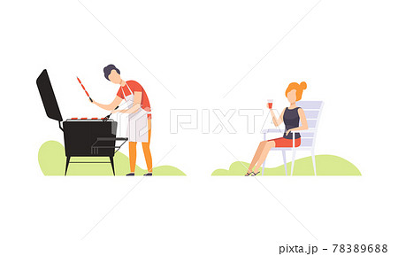 Family Having Picnic in Backyard or Park, Young Man Cooking Barbecue, woman Drinking Wine Flat Vector Illustration Family Having Picnic in Backyard or Park, Young Man Cooking Barbecue, woman Drinking Wine Flat Vector Illustration 78389688