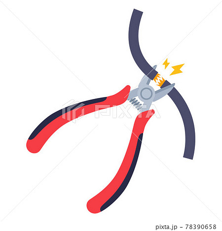 red wire cutters are cutting the electrical cable. red wire cutters are cutting the electrical cable. 78390658