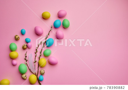 Colorful easter eggs and willow on pink background Colorful easter eggs and willow on pink background 78390882