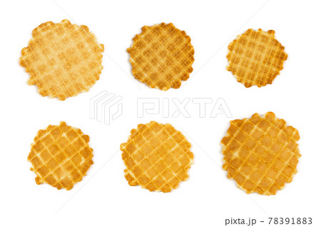 Round Waffle Isolated, Thin Waffled Cookie, Golden Belgian Waffles Round Waffle Isolated, Thin Waffled Cookie, Golden Belgian Waffles 78391883