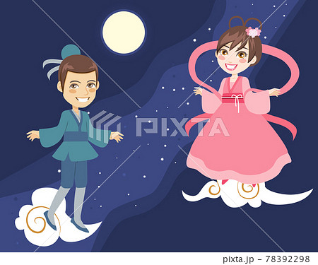Tanabata couple Orihime and Hikoboshi on milky way background. Japanese or chinese summer festival celebration Tanabata couple Orihime and Hikoboshi on milky way background. Japanese or chinese summer festival celebration 78392298