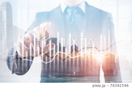 Histogram and lines economic chart instrument on modern metropolis Histogram and lines economic chart instrument on modern metropolis 78392596