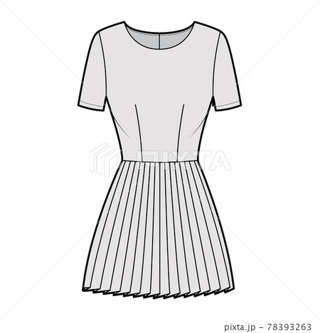 Dress pleated technical fashion illustration with short sleeves, fitted body, mini length skirt. Flat apparel front Dress pleated technical fashion illustration with short sleeves, fitted body, mini length skirt. Flat apparel front 78393263