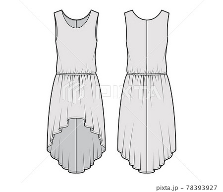 Dress high-low technical fashion illustration with sleeveless