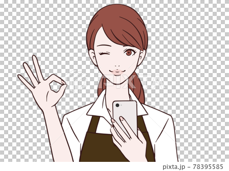 A cafe clerk holding a smartphone and making an OK mark 78395585