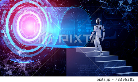 3D rendering robot humanoid walk up stair to success 3D rendering robot humanoid walk up stair to success 78396285