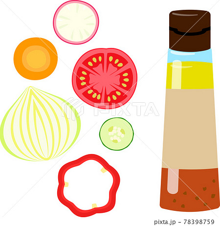 ボトル入りのドレッシングと野菜の断面 78398759