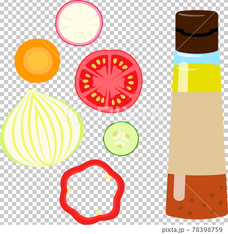 ボトル入りのドレッシングと野菜の断面 78398759