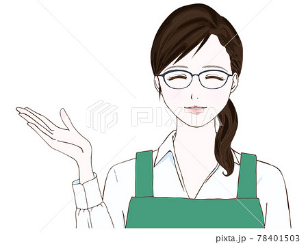 笑顔で案内をする 眼鏡をかけたエプロン姿の女性のイラスト素材