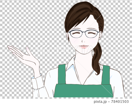 笑顔で案内をする 眼鏡をかけたエプロン姿の女性のイラスト素材